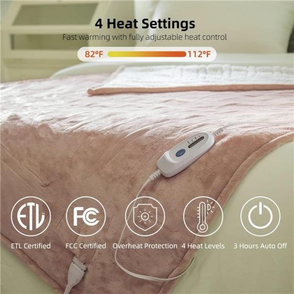 Heated Blanket Electric Throw 50''X60''- Soft Silky Plush 4 Heating Level